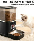 Automatic Cat Feeder With HD Camera And Two Way Video Chat Powered By 5G WiFi For Live Pet Monitoring Plus 5 Liter Food Storage in use with a cat.