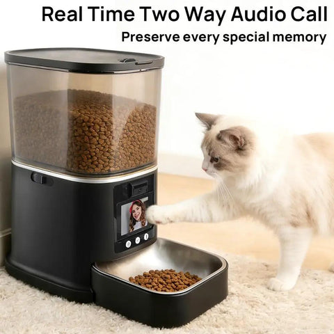 Automatic Cat Feeder With HD Camera And Two Way Video Chat Powered By 5G WiFi For Live Pet Monitoring Plus 5 Liter Food Storage in use with a cat.