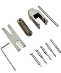 Pinion Gear Puller Kit For RC Motors And Pinion Removal shown with metal components, including varied pin sizes, for small to medium motors.