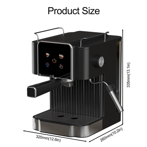 Pro Grade Semi Automatic Espresso Machine With Slick Touchscreen And Large Tank to Brew At Home displaying product dimensions 320x260x335mm.