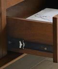 Close-up view of a drawer from the Top Shelf Retro TV Stand Featuring Two Spacious Drawers And Dual Wood Locker Doors.