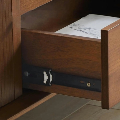 Close-up view of a drawer from the Top Shelf Retro TV Stand Featuring Two Spacious Drawers And Dual Wood Locker Doors.