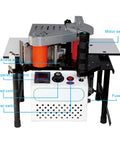 Portable Wood Edge Banding Machine With PVC Glue Pot, showcasing controls for motor, speed, and thickness adjustment.