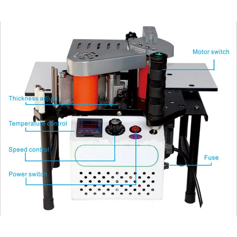 Portable Wood Edge Banding Machine With PVC Glue Pot, showcasing controls for motor, speed, and thickness adjustment.