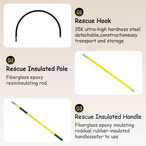 Image of Voltage Safe Insulated Rescue Hook components including steel hook, fiberglass pole, and insulated handle.
