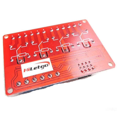 Back view of Four Channel 24V Relay Module With Opto Isolation High And Low Level Trigger showing connectors and circuitry
