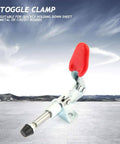 Two Pack Iron Galvanized Push Pull Vertical Toggle Clamps For Welding Jigging Sheet Metal And Circuit Boards Holding Quick Fixed Heavy Duty Tool Set For Precision Work, showing single clamp with red handle on outdoor background