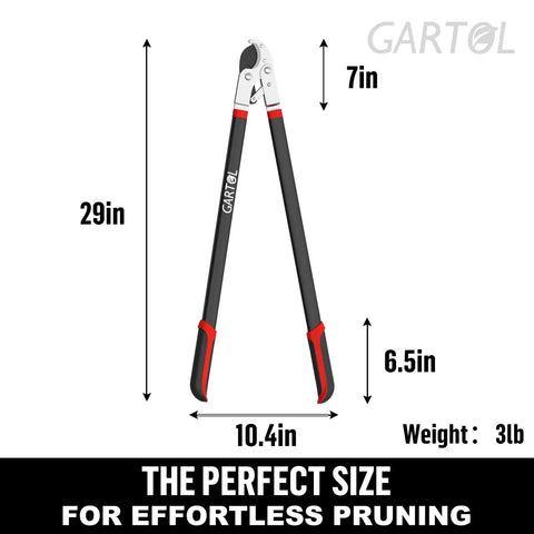 Diagram of Workhorse 29 Inch Anvil Lopper Pruner showing dimensions and ergonomic handles, ideal for branch cutting and landscaping.