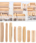 Wooden Dowel Pins Set, 200 Pcs, Nine Sizes With Tapered Beveled Ends and Fluted Grooves in a storage box