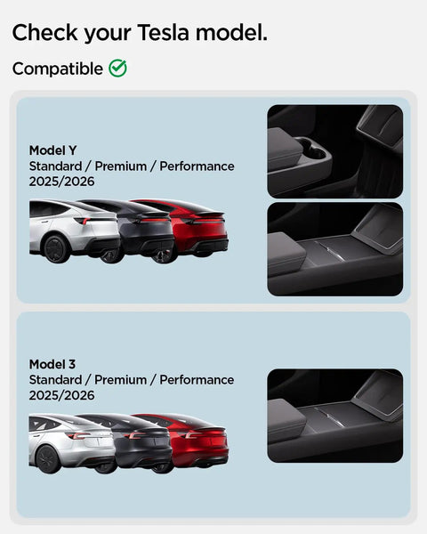 One Tap Hidden Storage Box For Tesla Model Y And Model 3 With Tap Access Premium PC Construction Juniper Finish And Carbon Fiber Detailing Strong 3M Mount Easy Hideaway Compartment Fits Standard Premium And Performance 2024 2025 2026 compatibility chart