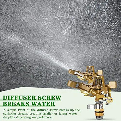 Four Piece 1/2 Inch Heavy Duty Brass Impact Sprinkler Set With Fully Adjustable 360 Degree Rotation showing diffuser screw for water control.
