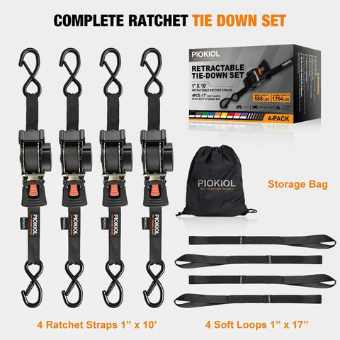 Heavy Duty Self Retracting Tie Down Straps 4 Pack No Drama Auto Retract System With Tangle Free Webbing 1 Inch By 10 Feet