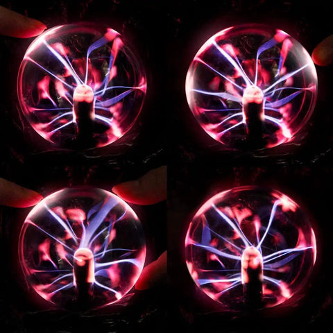 Four views of the Dragon Plasma Ball Touch Sensitive USB Powered Globe with purple red lightning and air ion glow effect.