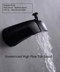 Dope Matte Black Tub Shower System With Five Spray Rain Shower Head And Diverter Spout Pressure Balance Valve flowing water