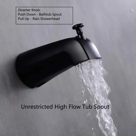 Dope Matte Black Tub Shower System With Five Spray Rain Shower Head And Diverter Spout Pressure Balance Valve flowing water