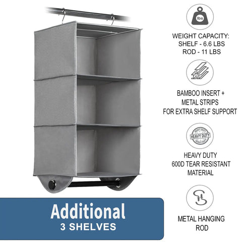 Heavy Duty Hanging Closet Organizer with Built In Garment Rod Three Shelf Storage in grey 600D fabric showing bamboo inserts and metal rods