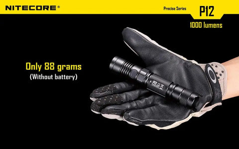 Gloved hand holding P12 2015 Version 1000 Lumens Tactical Flashlight With CREE XM L2 U2 LED Waterproof Aluminum Torch Side Switch