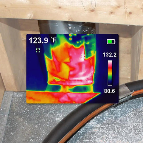 TI250 Rechargeable Thermal Imaging Camera With 19,200 Pixel Resolution displaying thermal image of pipes for HVAC troubleshooting
