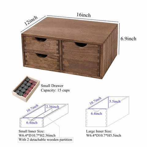 Dimensions and features of Coffee Pods Storage Drawer Organizer For K Cups And Capsules For Coffee Maker Dual Compartment Desk Drawer With Detachable Partition Fits Small And Large Pods Kitchen Counter Box Dark Wood Mini Chest Your Caffeine Fix