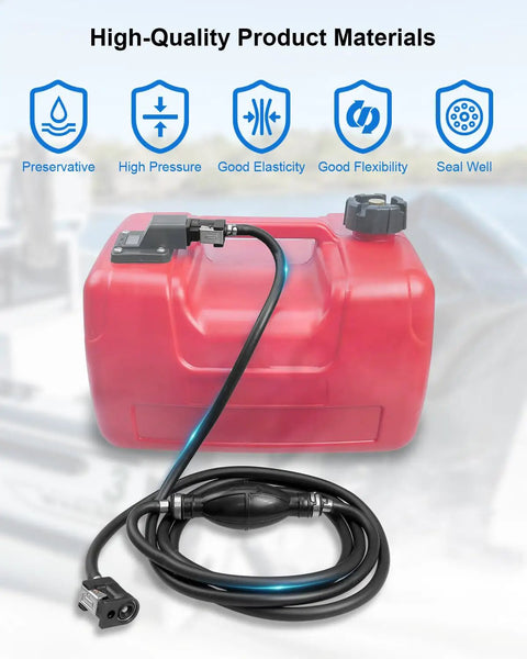 10Ft 5 Sixteenth Inch Outboard Fuel Line Kit With Primer Bulb And Tank Boat Ready Quick Female Connector Fits Yamaha Johnson Mercury Outboard 4 HP To 200 HP Includes NBR Lines And Fuel Filter next to red fuel tank