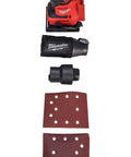 Cordless Eighteen Volt Quarter Sheet Finish Sander With Pro Grade Dust Collector and Variable Speed Dial on display with sandpaper and accessories.