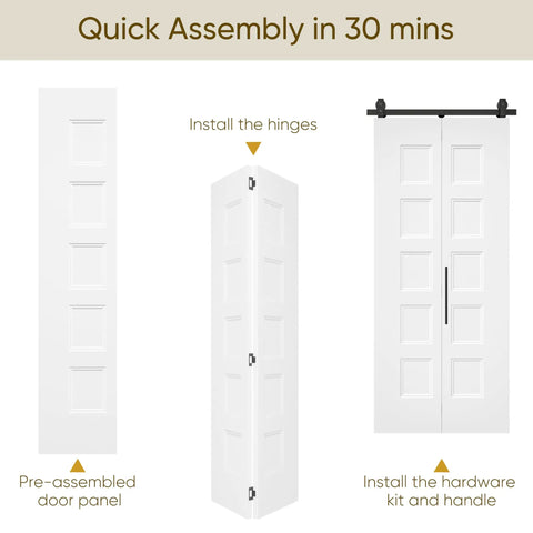 Quick assembly guide for 36 X 84 Inch White Primed Five Panel Bifold Barn Door Ready To Paint with pre-assembled panels.