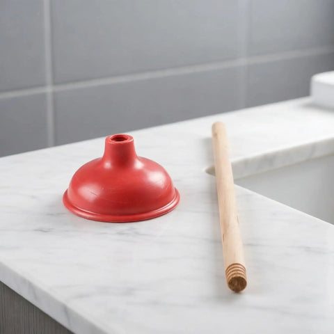 Eighteen Inch Heavy Duty Toilet Plunger Featuring A Thick Red Rubber Cup And Sturdy Wood Grip ready on marble countertop.