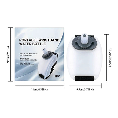Silicone Wrist Bottle With Hand Strap For Ultra Portable Hydration On The Go, next to product packaging, showing dimensions and design