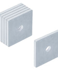 Six 3x3 in square metal plate washers, 1/4 in thick with 5/8 in center hole; one washer shown separate.