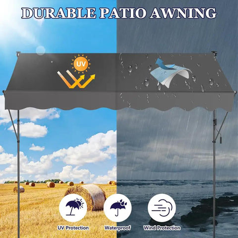 Manual Retractable Patio Awning 118-Inch Adjustable Sun Shade Shelter for Doors Windows Backyard Garden and Balcony with UV Protection and Easy Breezy All Weather Canopy in Gray, showcasing weather protection features.