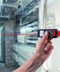 D2 Pro Grade Laser Distance Meter With 100m Range And Bluetooth Four Point Zero Metric And Imperial Modes Flip Out End Piece Pythagorean Functions Sketch Measure For Areas And Volumes Black And Red, handheld with red laser in interior