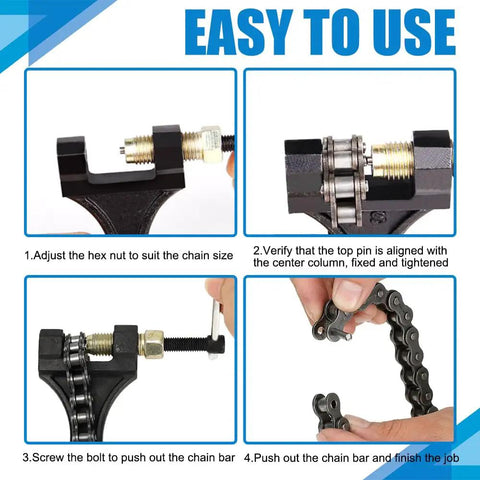 Instructions for using Beefy Heavy Duty Chain Breaker Tool For Motorcycles And Bikes, with close-up images of tool in action.