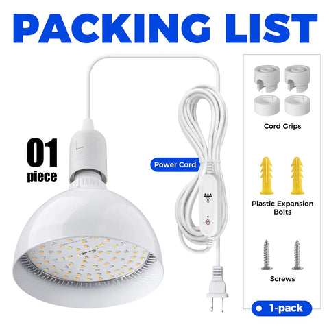 Next Level Heavy Duty Hanging Grow Light Bulbs For Indoor Plants 25W Full Spectrum with power cord and mounting accessories.