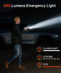 Man using 600 lumens emergency light at night outdoors, demonstrating flashlight, strobe, and SOS modes near a parked vehicle.