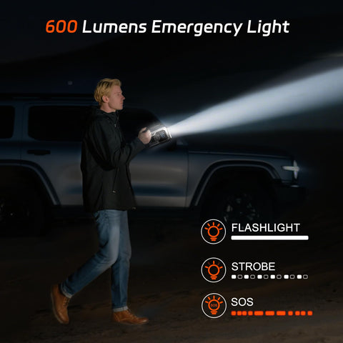 Man using 600 lumens emergency light at night outdoors, demonstrating flashlight, strobe, and SOS modes near a parked vehicle.