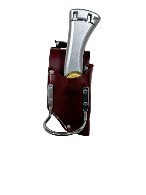 Two-In-One Leather Tool Holder For Carpenters And Electricians Hammer And Pliers Holster with metal ring and tool handle visible.
