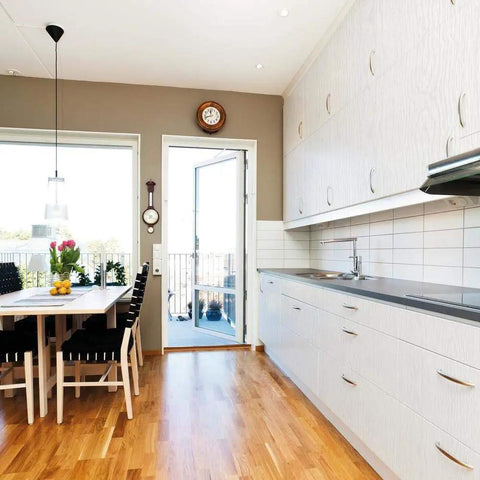Kitchen with cabinets covered in Self Adhesive Decorative Film Whitewood 17 By 78 Inch Roll 4 Pack With Applicator Peel And Stick For Cabinets Walls Furniture And Home Decor Projects D I Y Friendly Easy To Cut And Apply Removable With Minimal Residue
