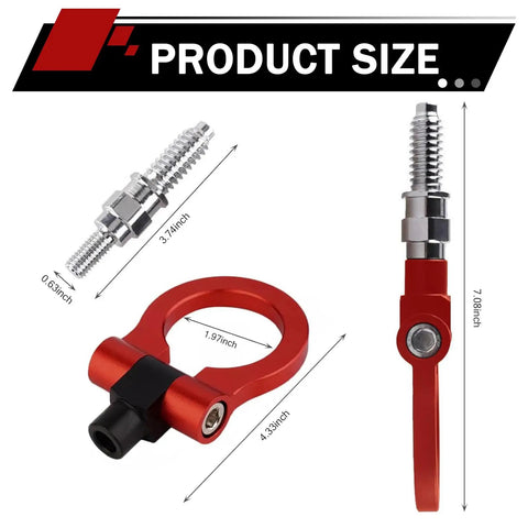 Heavy Duty Forged Car Front Bumper Tow Hook With Secure European Screw On Trailer Eye Ring And Snap Closure Lock Pin Built Tough For Snatching Stuck Trucks And Universal Towing In Red dimensions diagram showcasing size specifications.