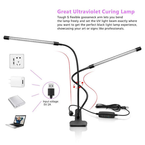 Lit Dual Head LED Black Light 20W UV Fixture With Clamp USB Powered 395 To 405 Nanometers Gooseneck Lamp For Blacklight Parties Stage Lighting Resin Curing 3D Printing Glow In The Dark