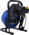 Heavy Duty Electric Drain Auger Featuring 60 Foot Flexible Snake Cable And Swappable Cutter Heads For Knocking Out Stubborn Sink And Pipe Clogs Includes Foot Switch And Solid Blue Motor Unit - close-up of motor and cable.