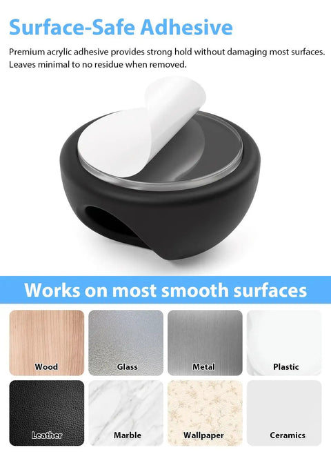 Surface-Safe adhesive on Six Pack Black Cord Organizer Clips, works on wood, glass, metal, and more surfaces.