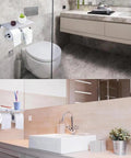 Heavy Duty Double Toilet Paper Holder With Phone Shelf Polished Chrome Dual Roll Tissue Dispenser in two modern bathrooms