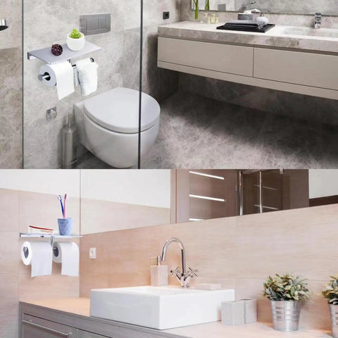Heavy Duty Double Toilet Paper Holder With Phone Shelf Polished Chrome Dual Roll Tissue Dispenser in two modern bathrooms