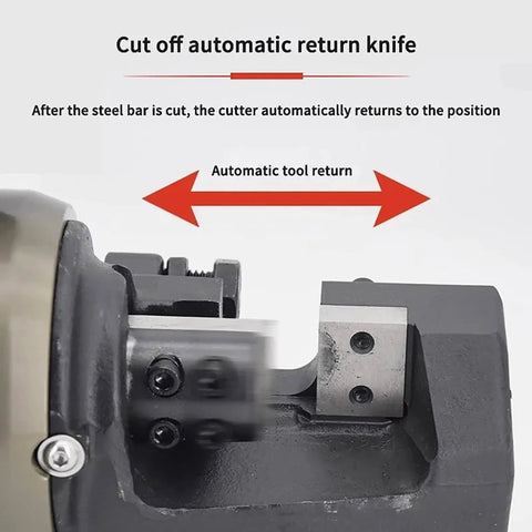 Close-up of the Etsuosy Portable Hydraulic Rebar Cutter showing automatic knife return feature for efficient cutting.