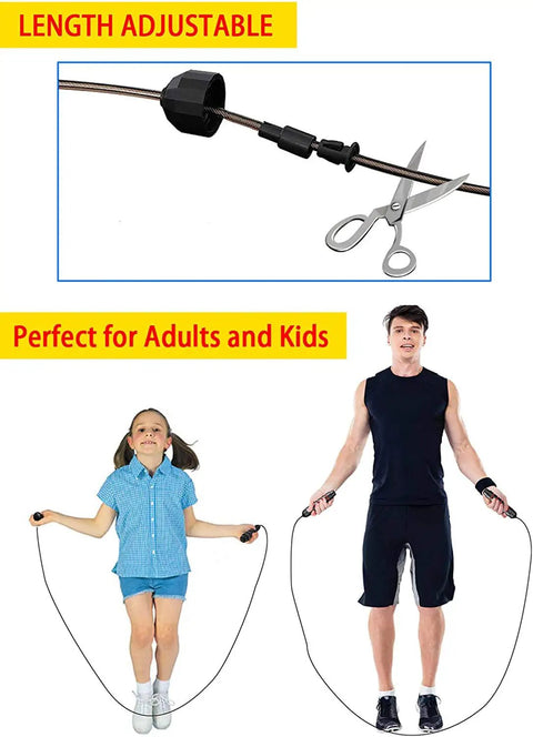 Calorie-Burning Jump Rope For Women, Men, And Kids with adjustable length shown with a girl and a man jumping.