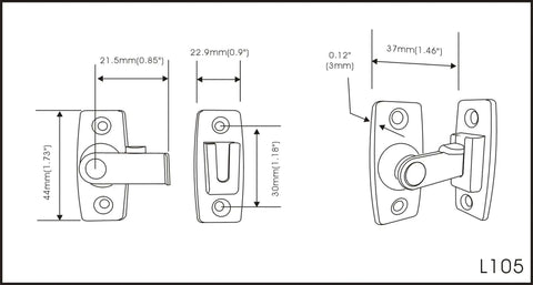 Technical diagram of Heavy Forged Solid Brass Door Latch For 90 Degree Right Angle Doors And Windows Antique Brass One And Three Quarter Inch 2 Pack Easy Install Built Tough For Barn Shutters Gates Made In Taiwan.