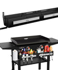 Front Griddle Caddy For 28 And 36 Inch Griddles with tool holder, paper towel holder, and storage installed on a grill