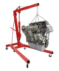 Heavy Duty Foldable Shop Crane Engine Hoist Rolling Cherry Picker with 4409 Lb capacity lifting an engine.