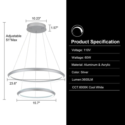 Two Ring Diamond LED Chandelier Pendant Light Dimmable Cool White 6000K Adjustable Modern Fixture For Kitchen Island 3600 Lumens