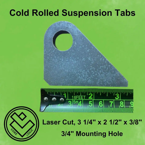 Hella Tough Heavy Duty Suspension Mount Tabs Cold Rolled Steel Shock And Axle Bracket Plates For Off Road Race Cars And Custom Fabrication Projects measuring 3 1/4" x 2 1/2" x 3/8" with a 3/4" mounting hole.